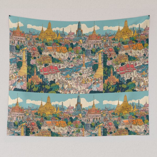 Item preview,  panoramic view of Bangkok, filled with colorful temples and palaces and bustling crowds designed and sold by wonderisland.