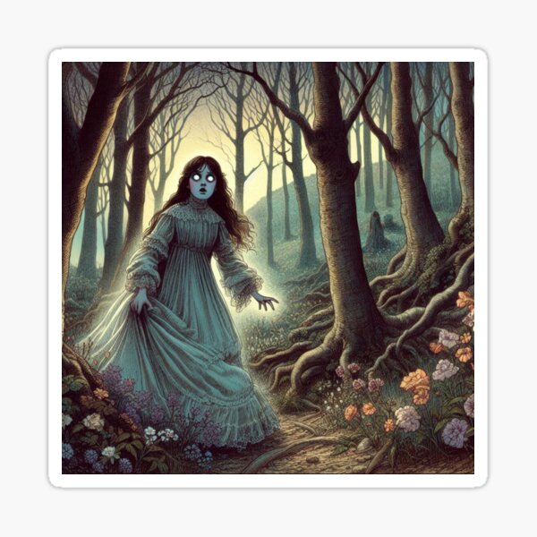 Item preview, Illustration of woman running away in the woods, folk horror designed and sold by Melloncollie95.