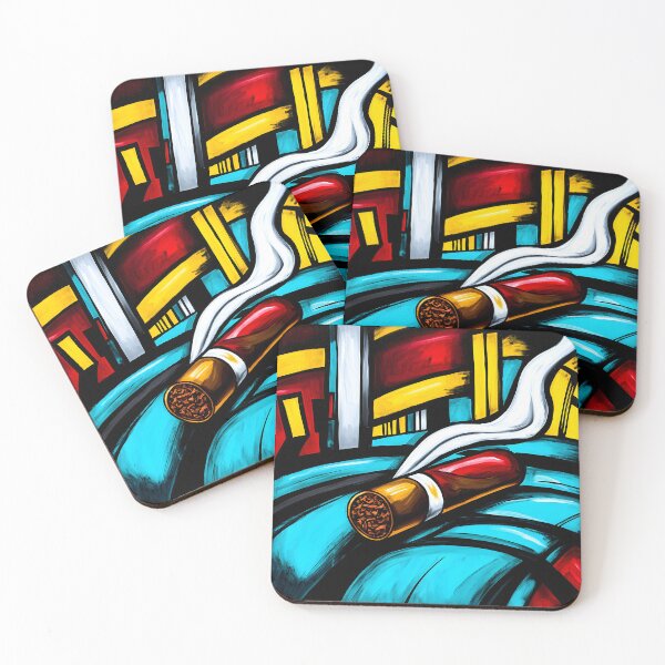 Item preview, Lit Cigar with Curling Smoke in Vibrant Abstract Style - Geometric Shapes in Bold Red Yellow Blue  designed and sold by OlfactoART Studio.