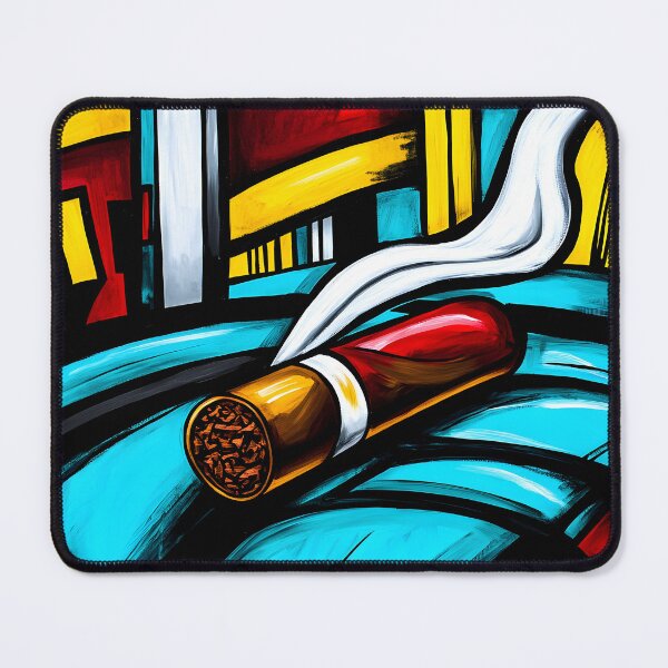 Item preview, Lit Cigar with Curling Smoke in Vibrant Abstract Style - Geometric Shapes in Bold Red Yellow Blue designed and sold by OlfactoART Studio.