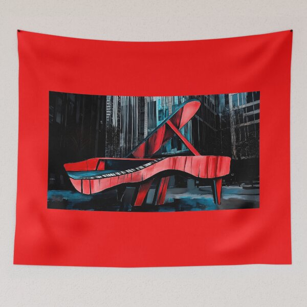 Item preview, Avant-Garde Red Grand Piano in Urban Setting with Eclectic Modern High-Rise Buildings - Vibrant Digital Art designed and sold by OlfactoART Studio.
