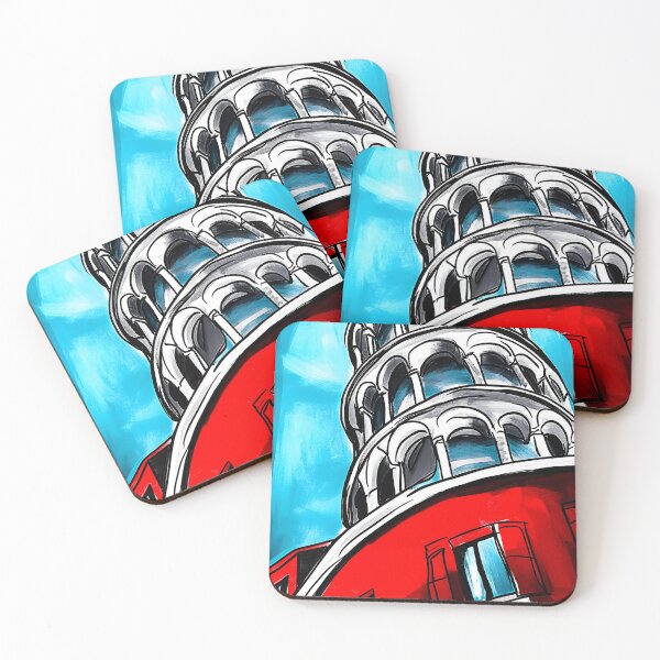 Item preview, Stylized Leaning Tower of Pisa with Red Architectural Elements Against Vibrant Blue Sky Urban Art AI generated designed and sold by OlfactoART Studio.
