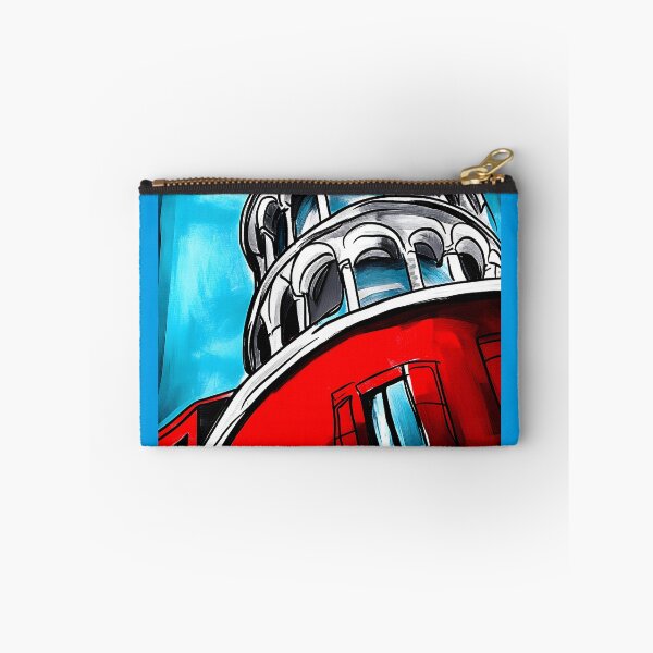 Item preview, Stylized Leaning Tower of Pisa with Red Architectural Elements Against Vibrant Blue Sky Urban Art AI generated designed and sold by OlfactoART Studio.