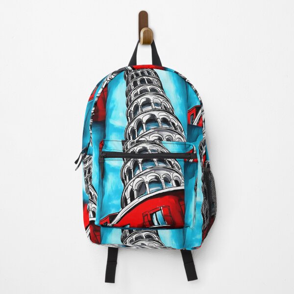 Item preview, Stylized Leaning Tower of Pisa with Red Architectural Elements Against Vibrant Blue Sky Urban Art AI generated designed and sold by OlfactoART Studio.