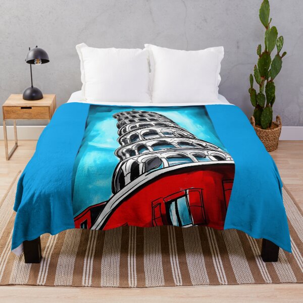 Item preview, Stylized Leaning Tower of Pisa with Red Architectural Elements Against Vibrant Blue Sky Urban Art AI generated designed and sold by OlfactoART Studio.