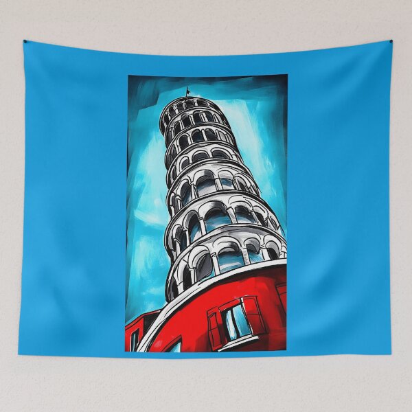 Item preview, Stylized Leaning Tower of Pisa with Red Architectural Elements Against Vibrant Blue Sky Urban Art AI generated designed and sold by OlfactoART Studio.