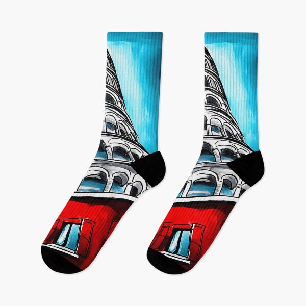 Item preview, Stylized Leaning Tower of Pisa with Red Architectural Elements Against Vibrant Blue Sky Urban Art AI generated designed and sold by OlfactoART Studio.