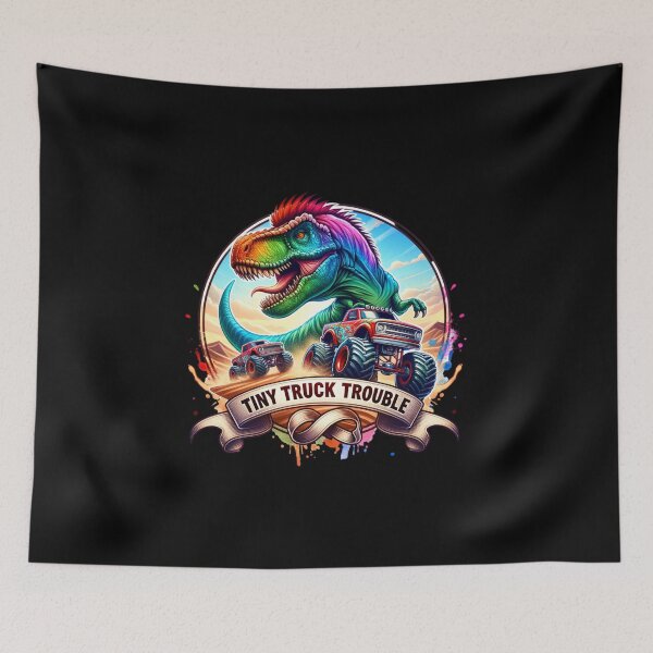 Item preview, Tiny Truck Trouble – T-Rex Chasing Monster Trucks Design for Apparel & Accessories" designed and sold by artedigital99.