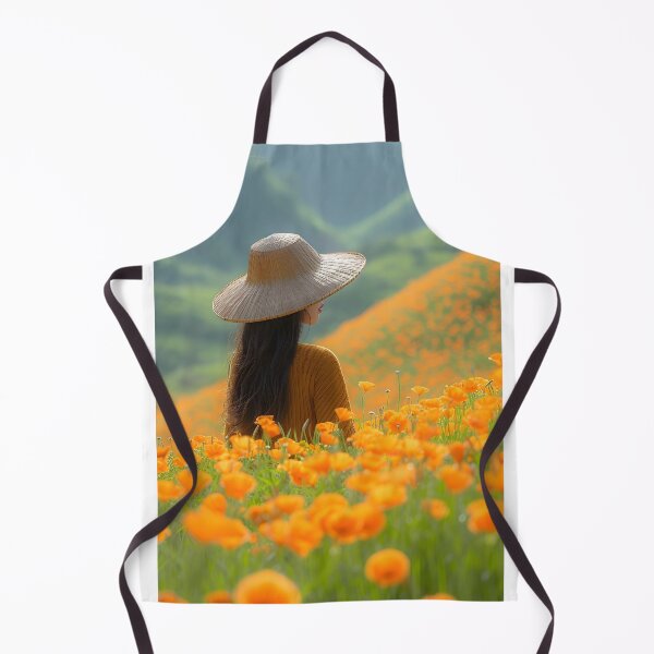 Item preview, Woman in a field of orange flowers wearing a wide hat. designed and sold by Artessie.