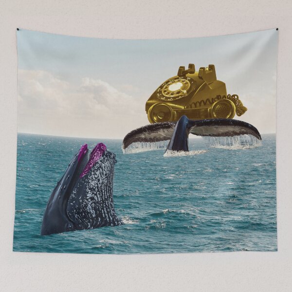 Item preview, Surreal Collage Art Print: Sassy Whale 'Awhalable' with Golden Telephone Quirky Decor designed and sold by GollyWillikers.