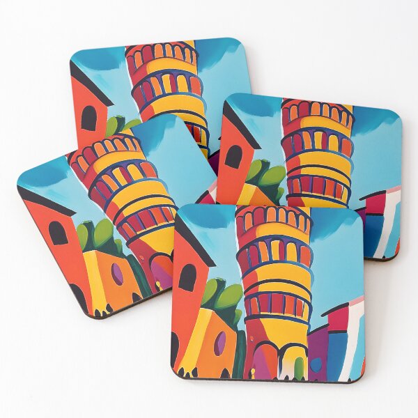 Item preview, Bright Vibrant Leaning Tower of Pisa Surrounded by Buildings and Silhouetted Figures - Abstract Generative AI Art designed and sold by OlfactoART Studio.