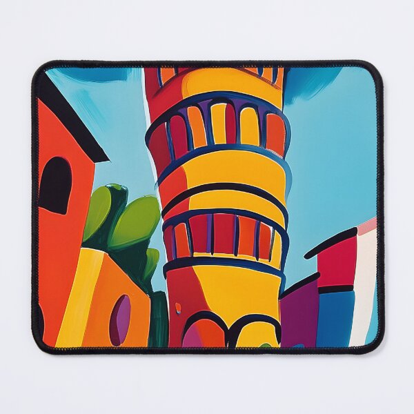 Item preview, Bright Vibrant Leaning Tower of Pisa Surrounded by Buildings and Silhouetted Figures - Abstract Generative AI Art designed and sold by OlfactoART Studio.