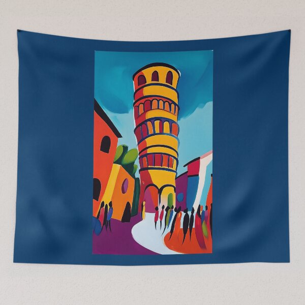 Item preview, Bright Vibrant Leaning Tower of Pisa Surrounded by Buildings and Silhouetted Figures - Abstract Generative AI Art designed and sold by OlfactoART Studio.