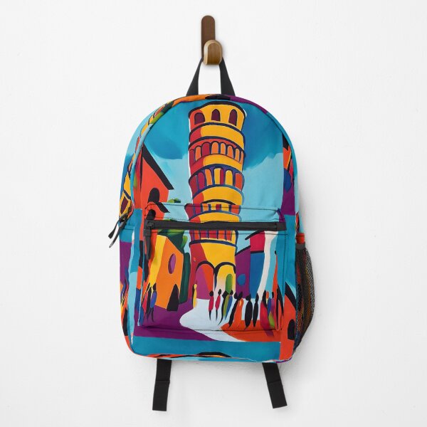 Item preview, Bright Vibrant Leaning Tower of Pisa Surrounded by Buildings and Silhouetted Figures - Abstract Generative AI Art designed and sold by OlfactoART Studio.