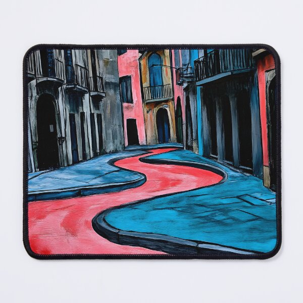 Item preview, Vibrant Winding Red Path Through Narrow Street in Gothic Quarter Barcelona - Striking Contrast Urban Generative AI designed and sold by OlfactoART Studio.