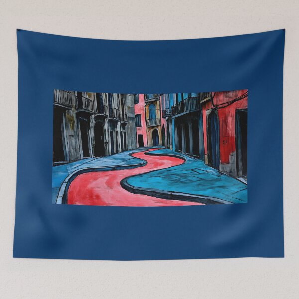 Item preview, Vibrant Winding Red Path Through Narrow Street in Gothic Quarter Barcelona - Striking Contrast Urban Generative AI designed and sold by OlfactoART Studio.