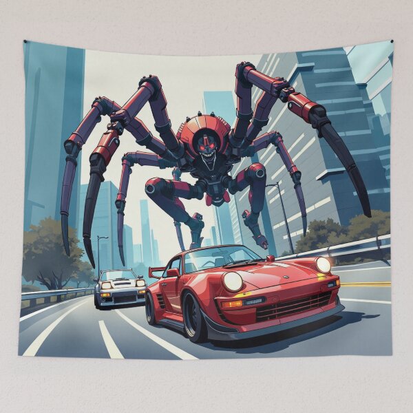 Item preview, Race Cars Drifting Past a Giant Spider Robot - Car Culture designed and sold by Design Raptor.