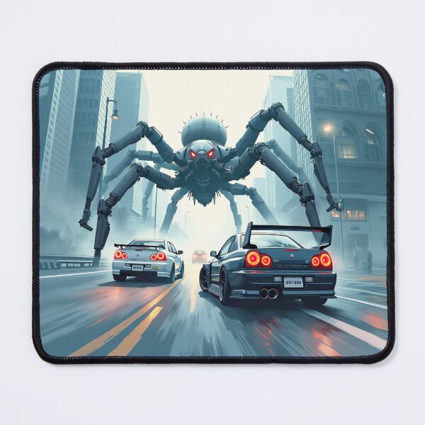 Item preview, Race Cars Drifting Past a Giant Spider Robot - Car Culture designed and sold by Design Raptor.
