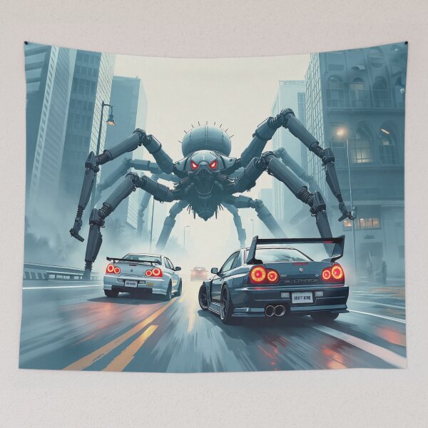 Item preview, Race Cars Drifting Past a Giant Spider Robot - Car Culture designed and sold by Design Raptor.