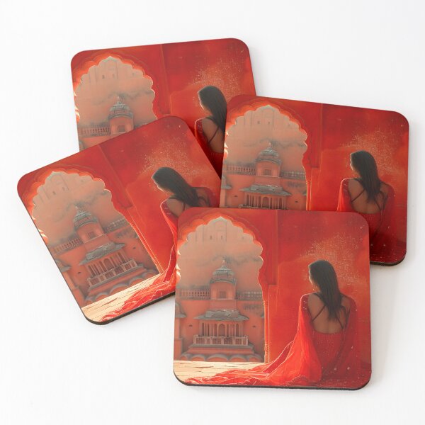 Item preview, Woman in a red dress gazing out from an arched window designed and sold by Artessie.