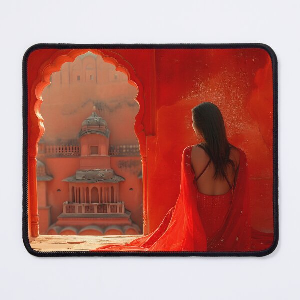 Item preview, Woman in a red dress gazing out from an arched window designed and sold by Artessie.