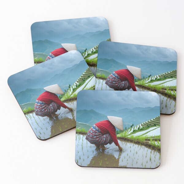 Item preview, Farmer in terraced rice field with water, cloudy sky designed and sold by Artessie.