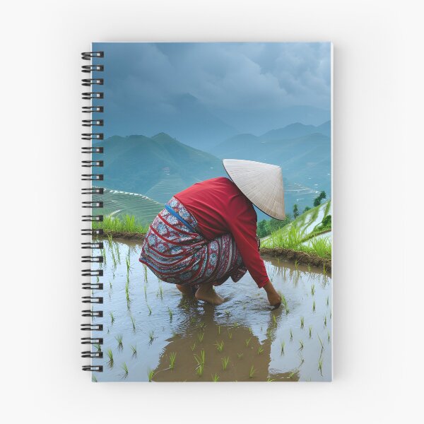 Item preview, Farmer in terraced rice field with water, cloudy sky designed and sold by Artessie.