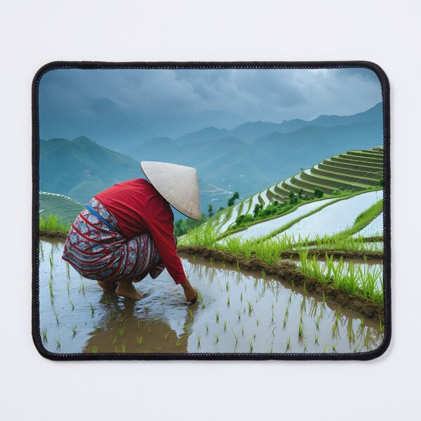 Item preview, Farmer in terraced rice field with water, cloudy sky designed and sold by Artessie.