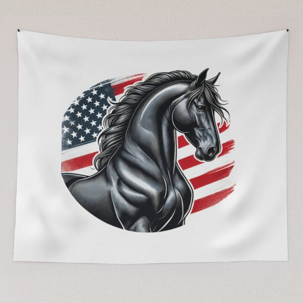 Item preview, Black Percheron in front of American flag. designed and sold by NMCStickers.