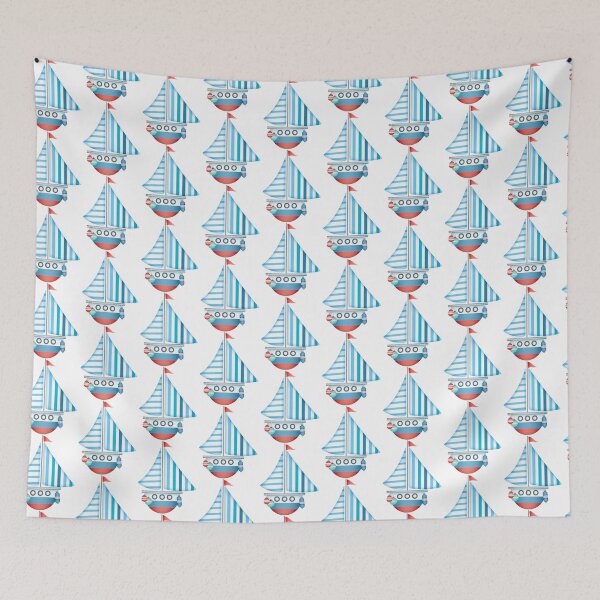 Item preview, Blue and red boat with blue and white striped sails. designed and sold by claireseyeview.