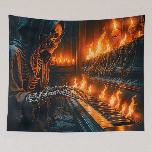 Item preview, Skeletal Pianist in Flaming Gothic Scene designed and sold by koreatvtea.