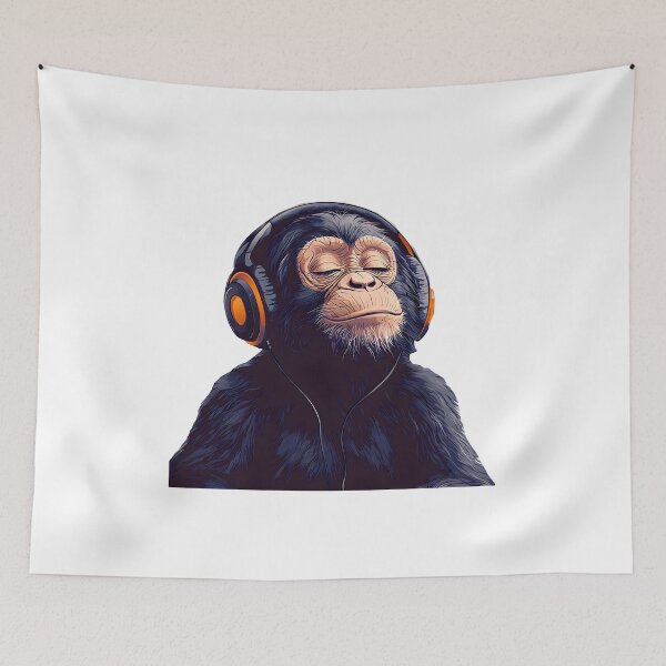 Item preview, happy chimpanzee smile on his face and headphones designed and sold by wonderisland.