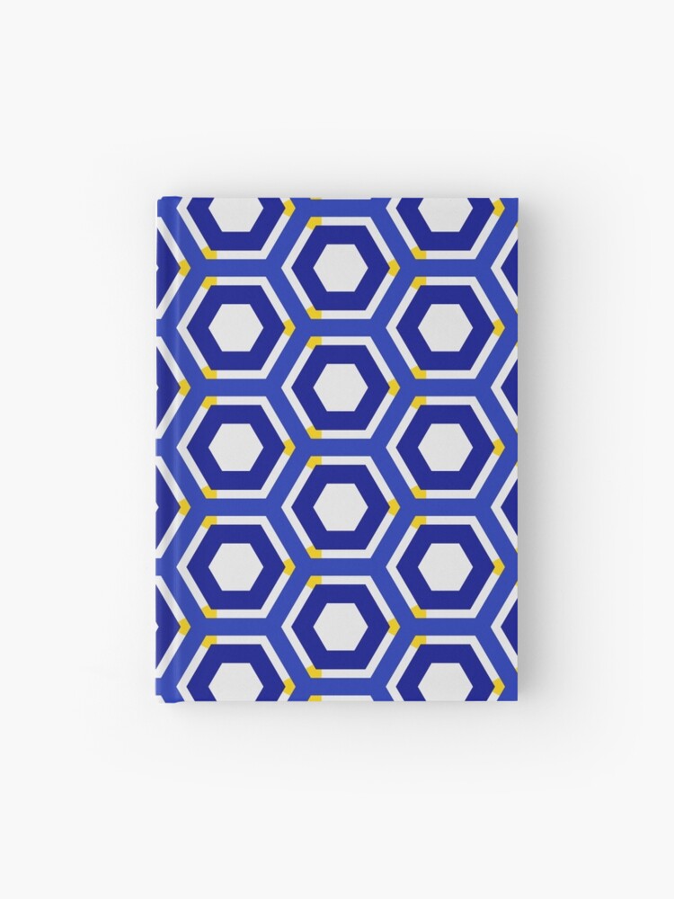 Journal, Geometric Navy And Gold Colorful Honeycomb Hexagons designed and sold by Triplicate Limited