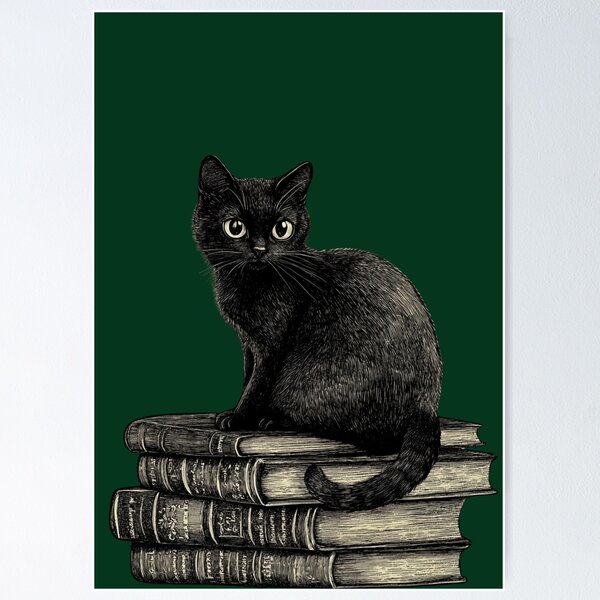Item preview, Black Cat and Books - Large Image Dark Background designed and sold by msliewdesign.