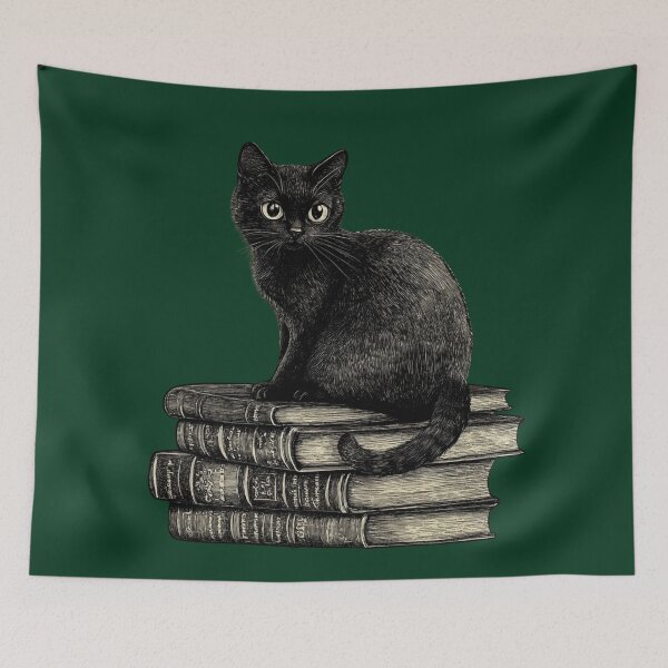 Item preview, Black Cat and Books - Large Image Black Background designed and sold by msliewdesign.