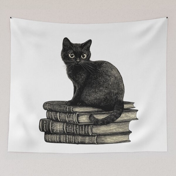 Item preview, Black Cat and Books - Large Image White Background designed and sold by msliewdesign.