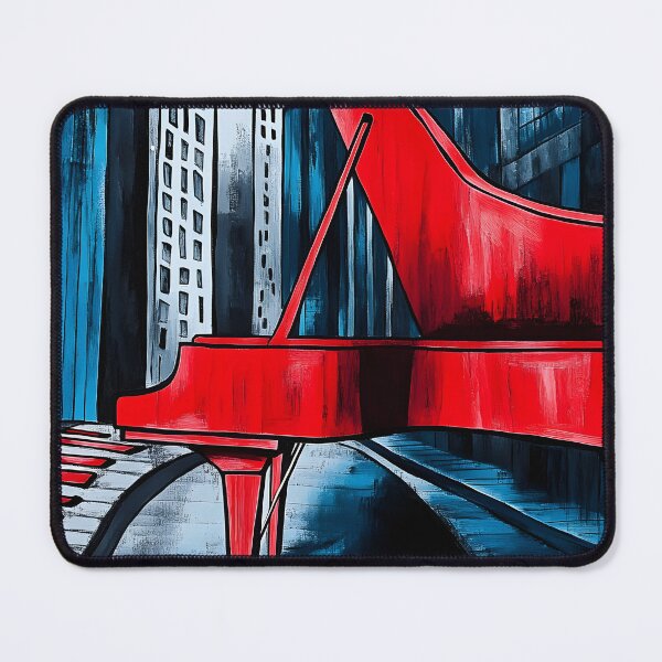 Item preview, Vibrant Red Grand Piano with Keys Extending into Monochromatic Urban Landscape - Surreal and Dynamic AI Generated designed and sold by OlfactoART Studio.