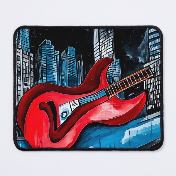 Item preview, Surreal Vibrant Red Guitar on Ledge with Towering City Skyscrapers Under Dark Sky - Blue Accents Generative AI designed and sold by OlfactoART Studio.