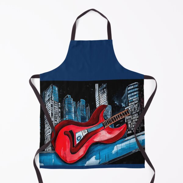Item preview, Surreal Vibrant Red Guitar on Ledge with Towering City Skyscrapers Under Dark Sky - Blue Accents Generative AI designed and sold by OlfactoART Studio.