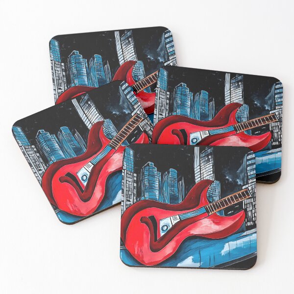 Item preview, Surreal Vibrant Red Guitar on Ledge with Towering City Skyscrapers Under Dark Sky - Blue Accents Generative AI designed and sold by OlfactoART Studio.