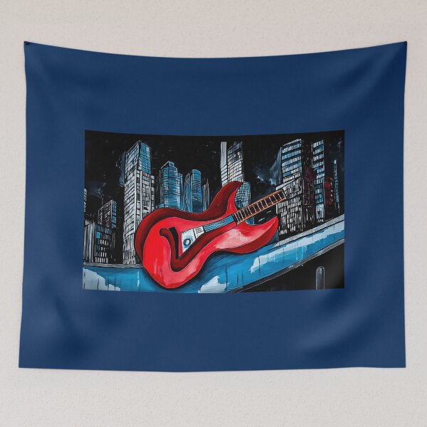 Item preview, Surreal Vibrant Red Guitar on Ledge with Towering City Skyscrapers Under Dark Sky - Blue Accents Generative AI designed and sold by OlfactoART Studio.
