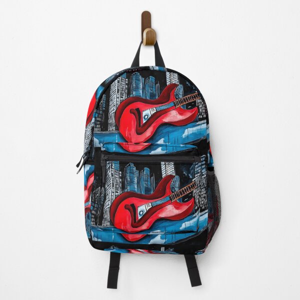 Item preview, Surreal Vibrant Red Guitar on Ledge with Towering City Skyscrapers Under Dark Sky - Blue Accents Generative AI designed and sold by OlfactoART Studio.