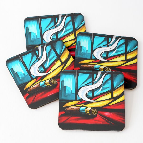 Item preview, Cigar Emitting Smoke Against Abstract Shapes and Cityscape Window -  Digital AI Art Bold Red Yellow Blue Black Color designed and sold by OlfactoART Studio.