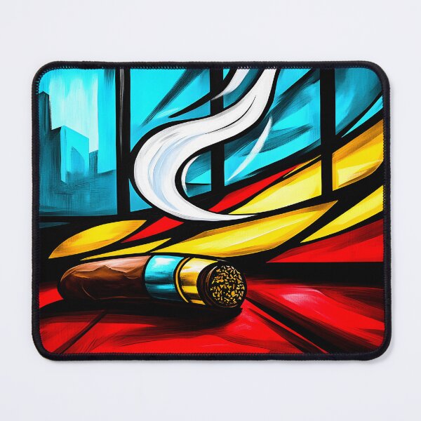 Item preview, Cigar Emitting Smoke Against Abstract Shapes and Cityscape Window - Digital AI Art Bold Red Yellow Blue Black Color designed and sold by OlfactoART Studio.
