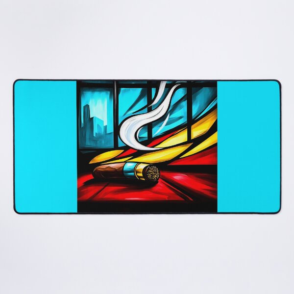 Item preview, Cigar Emitting Smoke Against Abstract Shapes and Cityscape Window -  Digital AI Art Bold Red Yellow Blue Black Color designed and sold by OlfactoART Studio.