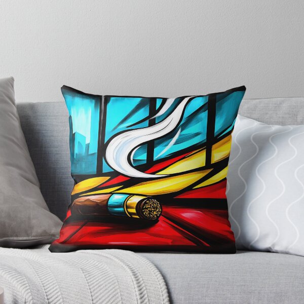 Item preview, Cigar Emitting Smoke Against Abstract Shapes and Cityscape Window -  Digital AI Art Bold Red Yellow Blue Black Color designed and sold by OlfactoART Studio.