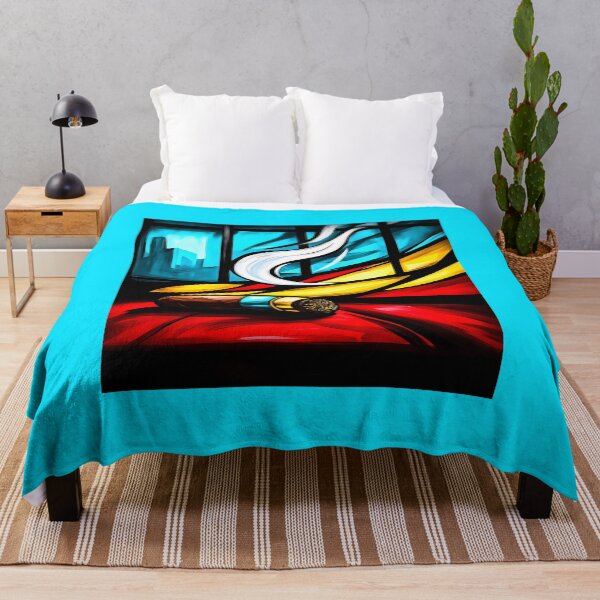 Item preview, Cigar Emitting Smoke Against Abstract Shapes and Cityscape Window -  Digital AI Art Bold Red Yellow Blue Black Color designed and sold by OlfactoART Studio.