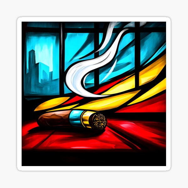 Item preview, Cigar Emitting Smoke Against Abstract Shapes and Cityscape Window -  Digital AI Art Bold Red Yellow Blue Black Color designed and sold by OlfactoART Studio.