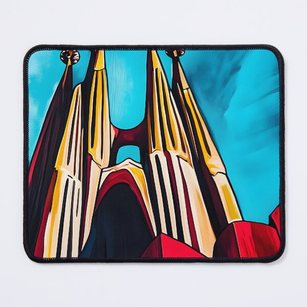 Item preview, Vibrant Spires of Sagrada Familia Barcelona Rising Against Vivid Blue Sky - Golden-Yellow and Red AI Art designed and sold by OlfactoART Studio.