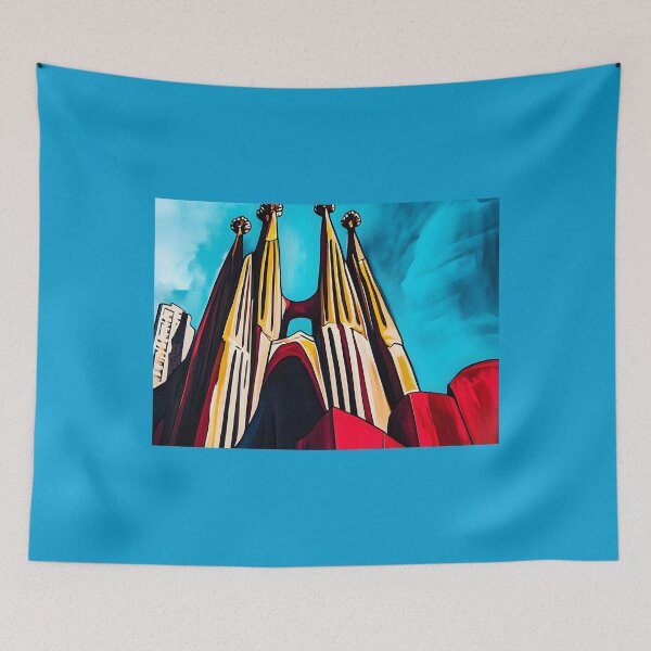 Item preview, Vibrant Spires of Sagrada Familia Barcelona Rising Against Vivid Blue Sky - Golden-Yellow and Red AI Art designed and sold by OlfactoART Studio.